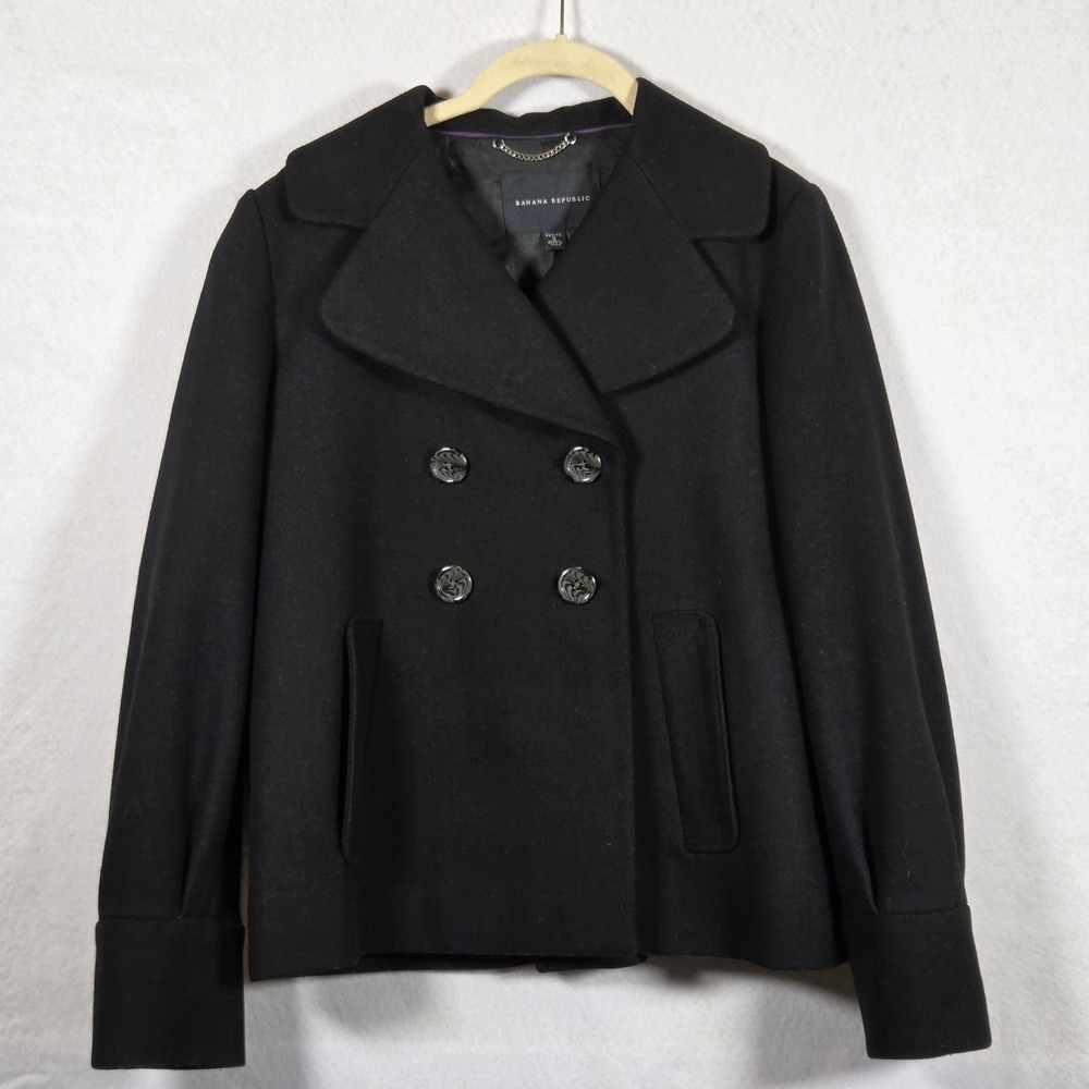 Banana Republic Petite S Black Wool Blend Double Breasted Short Car Coat